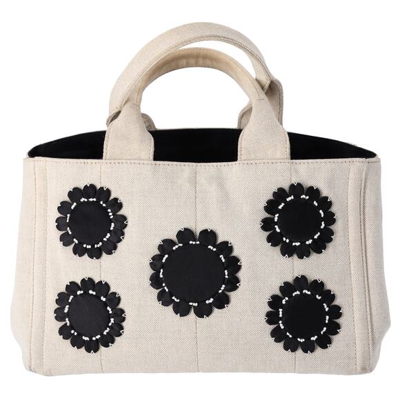 PRADA Canapa Tote Bag B1877E Cream Black Flowers Canvas - Picture 1 of 9